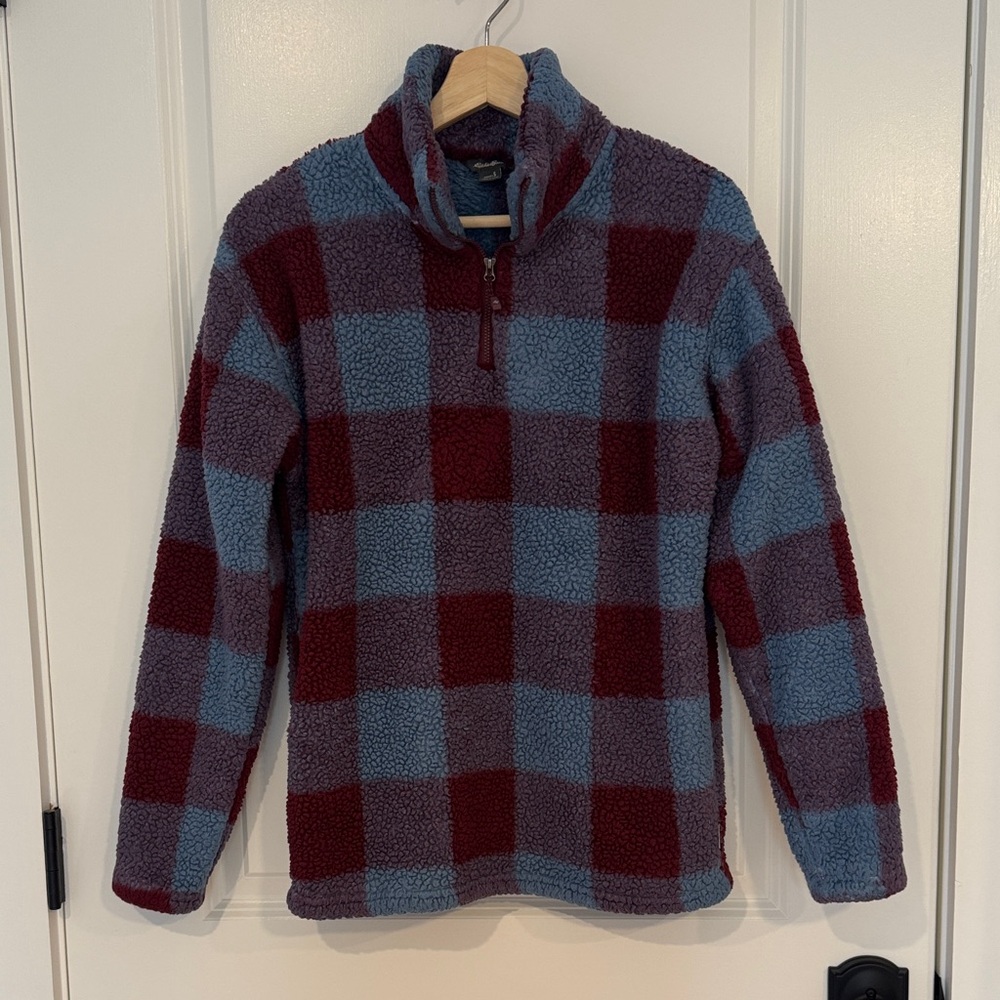 Eddie Bauer Red + Blue Checkered Quarter-Zip Teddy Pullover